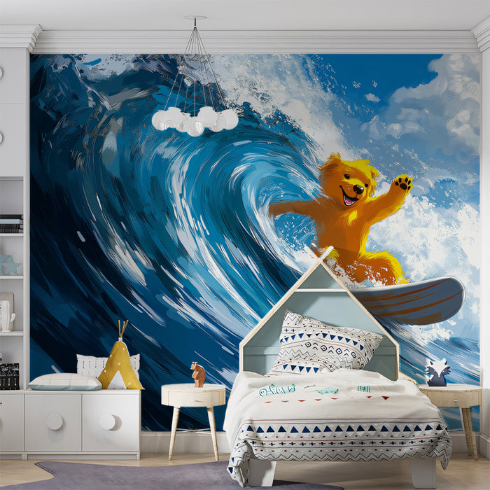 Surfing Teddy Bear Fantasy Mural Wallpaper | Stylized Waves, Cartoon Art, Joyful Ocean Adventure