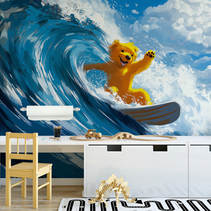 Surfing Teddy Bear Fantasy Mural Wallpaper | Stylized Waves, Cartoon Art, Joyful Ocean Adventure