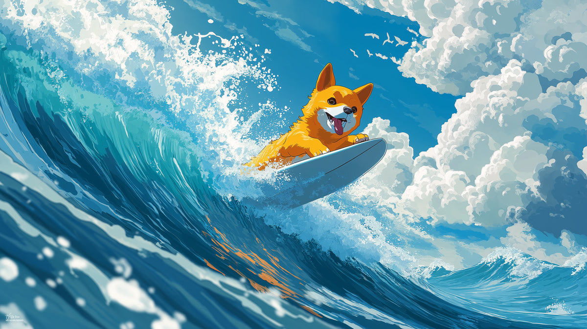 Corgi Surfing High Wave Mural Wallpaper | Comic Illustration, Ocean Motion, Cheerful Animal Art