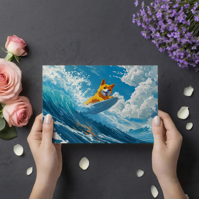 Corgi Surfing High Wave Mural Wallpaper | Comic Illustration, Ocean Motion, Cheerful Animal Art