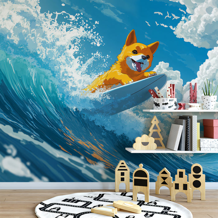 Corgi Surfing High Wave Mural Wallpaper | Comic Illustration, Ocean Motion, Cheerful Animal Art