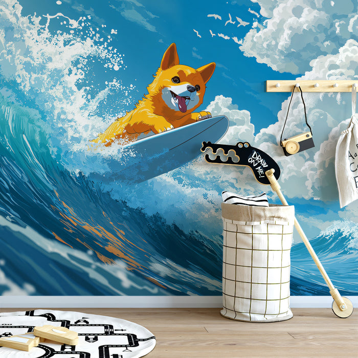 Corgi Surfing High Wave Mural Wallpaper | Comic Illustration, Ocean Motion, Cheerful Animal Art
