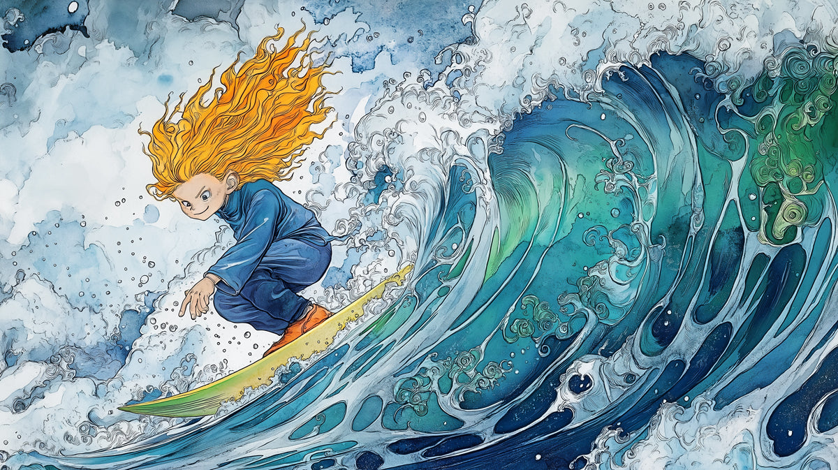 Watercolor Surfer Girl Mural Wallpaper | Expressive Waves, Manga Style, High-Energy Water Art