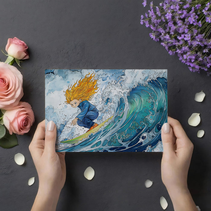 Watercolor Surfer Girl Mural Wallpaper | Expressive Waves, Manga Style, High-Energy Water Art