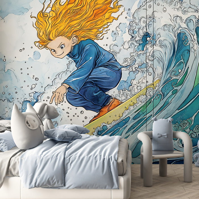 Watercolor Surfer Girl Mural Wallpaper | Expressive Waves, Manga Style, High-Energy Water Art