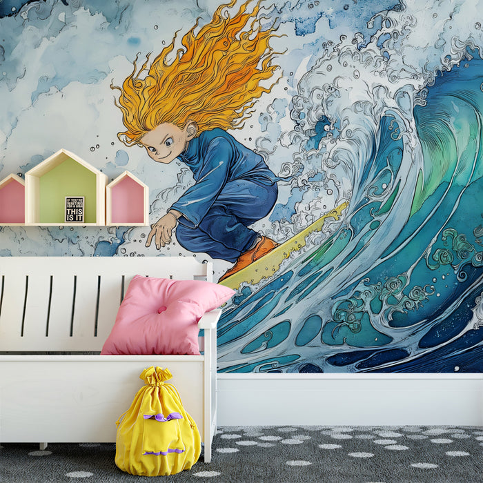 Watercolor Surfer Girl Mural Wallpaper | Expressive Waves, Manga Style, High-Energy Water Art