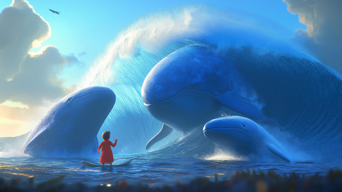 Giant Whales Fantasy Surfing Mural Wallpaper | Cinematic Scale, Ocean Blue, Dreamlike Adventure Scene