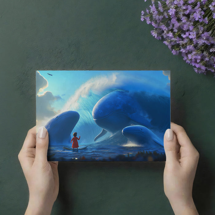 Giant Whales Fantasy Surfing Mural Wallpaper | Cinematic Scale, Ocean Blue, Dreamlike Adventure Scene