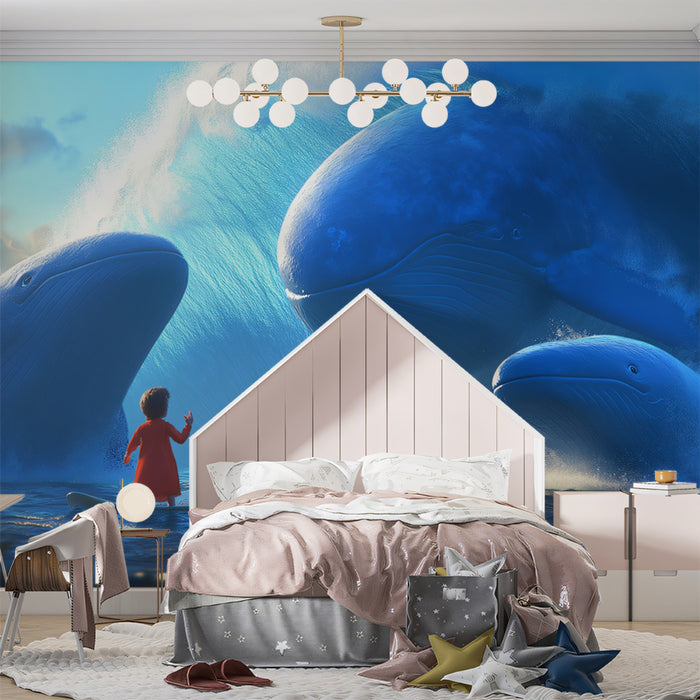 Giant Whales Fantasy Surfing Mural Wallpaper | Cinematic Scale, Ocean Blue, Dreamlike Adventure Scene