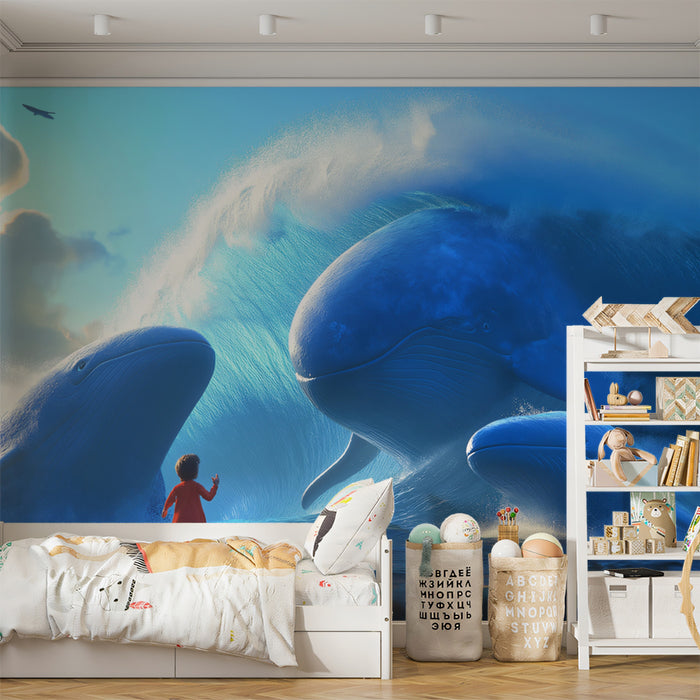 Giant Whales Fantasy Surfing Mural Wallpaper | Cinematic Scale, Ocean Blue, Dreamlike Adventure Scene