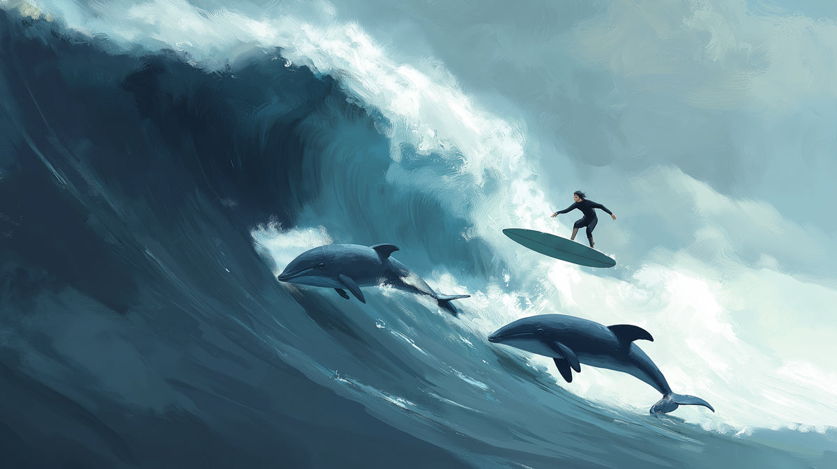 Dolphin Wave Surfing Mural Wallpaper | Expressionist Style, Moody Ocean Tones, High-Action Art