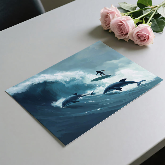 Dolphin Wave Surfing Mural Wallpaper | Expressionist Style, Moody Ocean Tones, High-Action Art