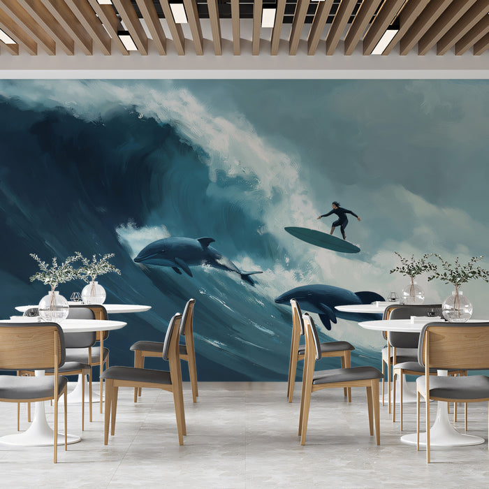 Dolphin Wave Surfing Mural Wallpaper | Expressionist Style, Moody Ocean Tones, High-Action Art