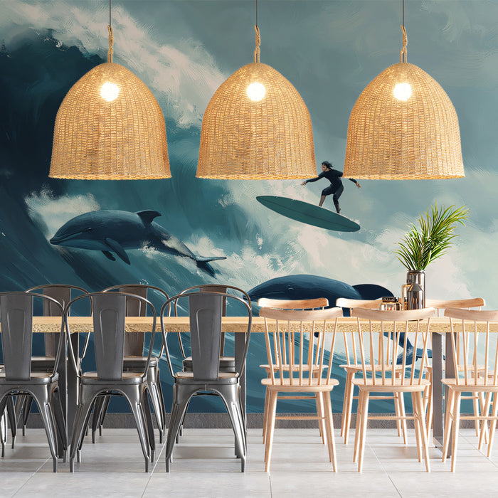 Dolphin Wave Surfing Mural Wallpaper | Expressionist Style, Moody Ocean Tones, High-Action Art