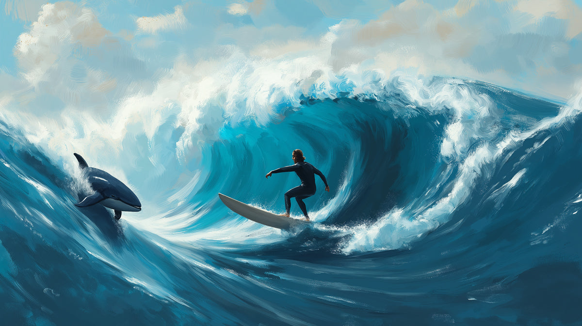 Surfer and Orca Wave Ride Mural Wallpaper | Intense Ocean Action, Oil Painting Texture, High Blue Contrast