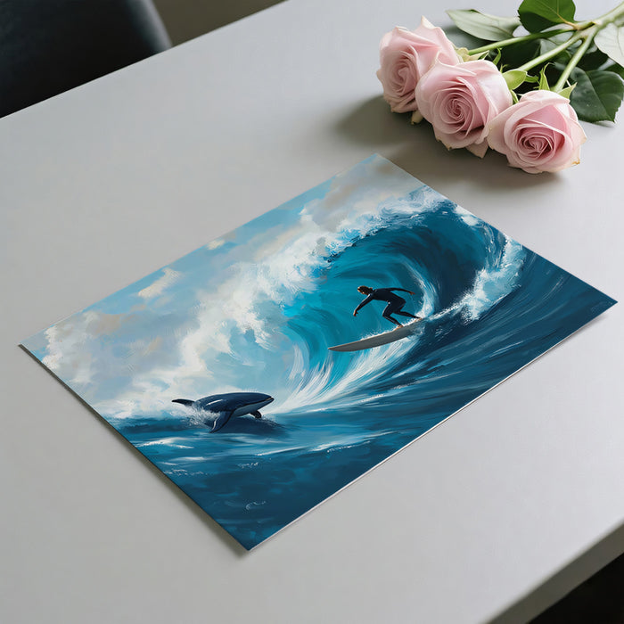 Surfer and Orca Wave Ride Mural Wallpaper | Intense Ocean Action, Oil Painting Texture, High Blue Contrast