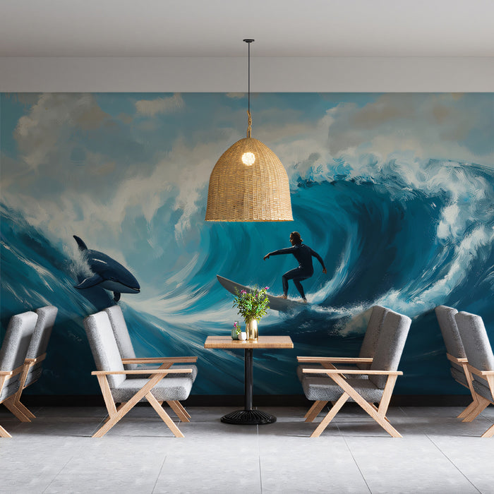 Surfer and Orca Wave Ride Mural Wallpaper | Intense Ocean Action, Oil Painting Texture, High Blue Contrast