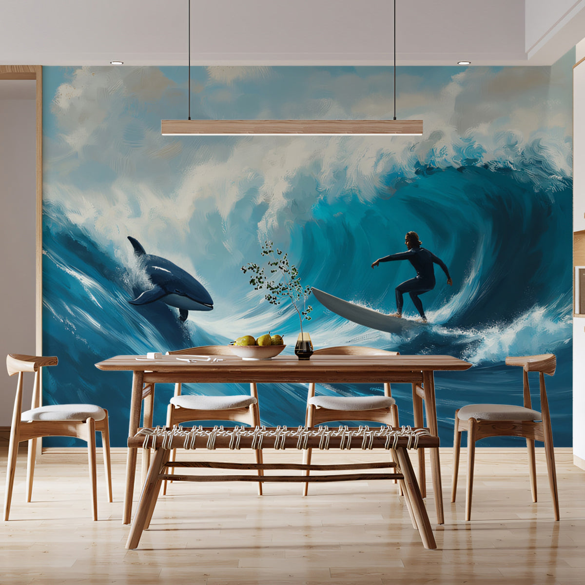 Surfer and Orca Ocean Wave Mural Wallpaper