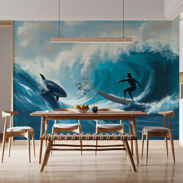 Surfer and Orca Wave Ride Mural Wallpaper | Intense Ocean Action, Oil Painting Texture, High Blue Contrast
