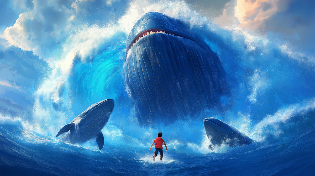Cinematic Whale Encounter Mural Wallpaper | Extreme Ocean Blue, Fantasy Adventure, Gigantic Sea Creatures
