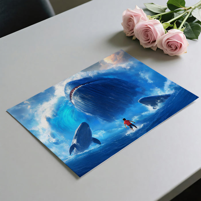 Cinematic Whale Encounter Mural Wallpaper | Extreme Ocean Blue, Fantasy Adventure, Gigantic Sea Creatures