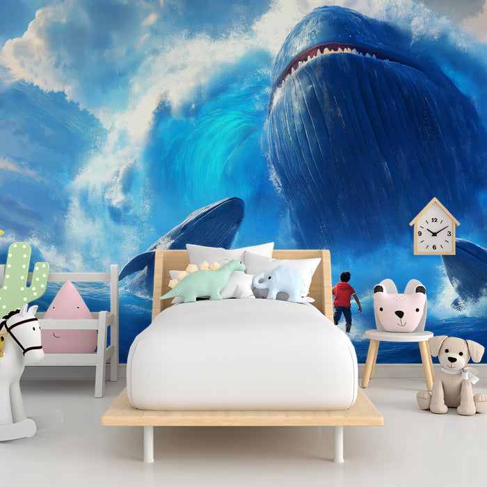 Cinematic Whale Encounter Mural Wallpaper | Extreme Ocean Blue, Fantasy Adventure, Gigantic Sea Creatures