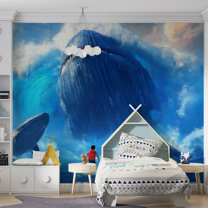Cinematic Whale Encounter Mural Wallpaper | Extreme Ocean Blue, Fantasy Adventure, Gigantic Sea Creatures