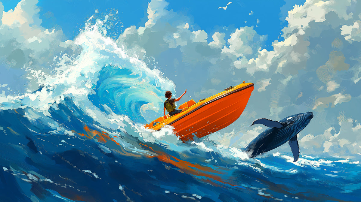 Rescue Boat Whale Encounter Mural Wallpaper | High Seas Action, Orange and Blue Contrast, Dynamic Illustration