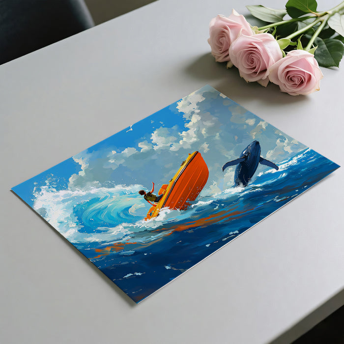 Rescue Boat Whale Encounter Mural Wallpaper | High Seas Action, Orange and Blue Contrast, Dynamic Illustration