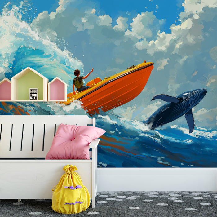 Rescue Boat Whale Encounter Mural Wallpaper | High Seas Action, Orange and Blue Contrast, Dynamic Illustration