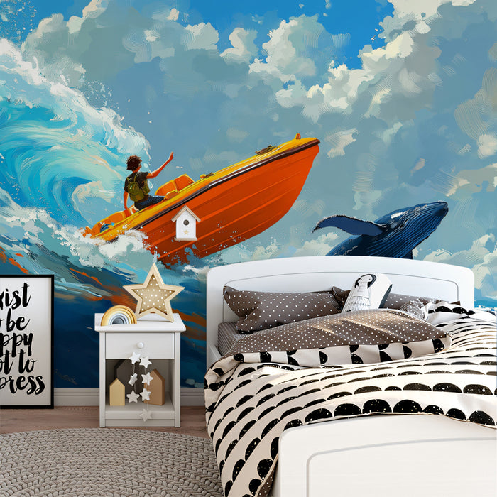 Rescue Boat Whale Encounter Mural Wallpaper | High Seas Action, Orange and Blue Contrast, Dynamic Illustration