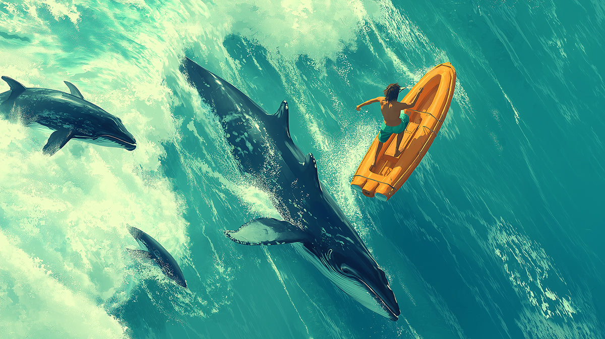 Aerial Ocean Whale and Dolphin Mural Wallpaper | Turquoise and Teal Hues, Top-Down Perspective, Surreal Adventure