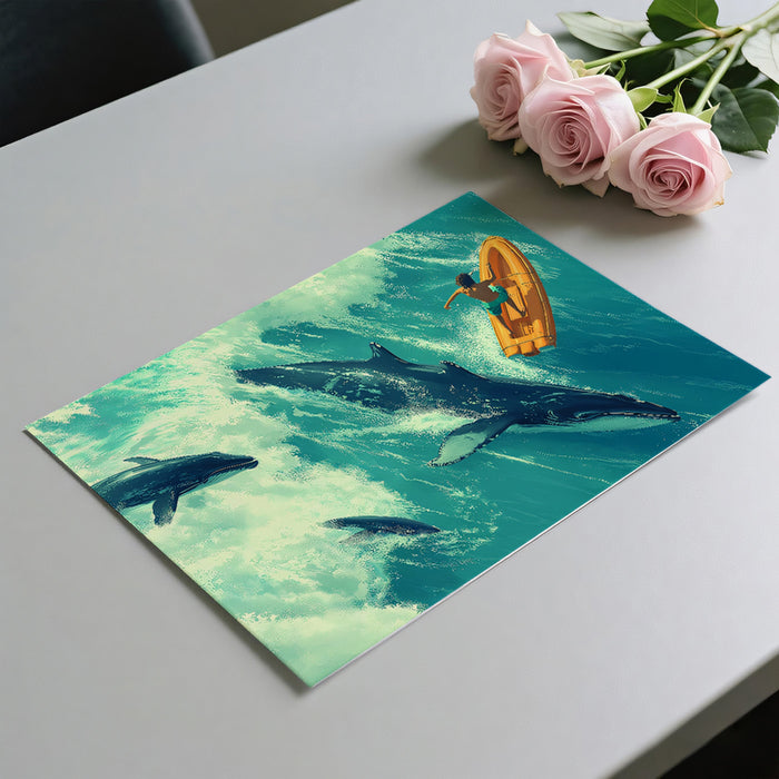 Aerial Ocean Whale and Dolphin Mural Wallpaper | Turquoise and Teal Hues, Top-Down Perspective, Surreal Adventure