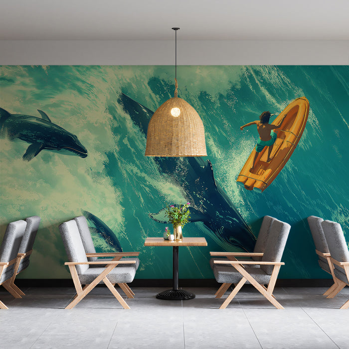 Aerial Ocean Whale and Dolphin Mural Wallpaper | Turquoise and Teal Hues, Top-Down Perspective, Surreal Adventure