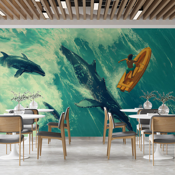 Aerial Ocean Whale and Dolphin Mural Wallpaper | Turquoise and Teal Hues, Top-Down Perspective, Surreal Adventure
