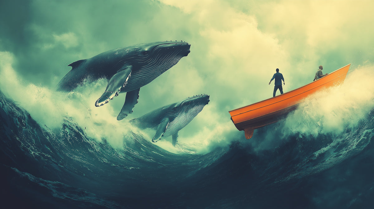 Giant Whales Stormy Sea Mural Wallpaper | Dark Tones, Epic Scale, High-Contrast Adventure