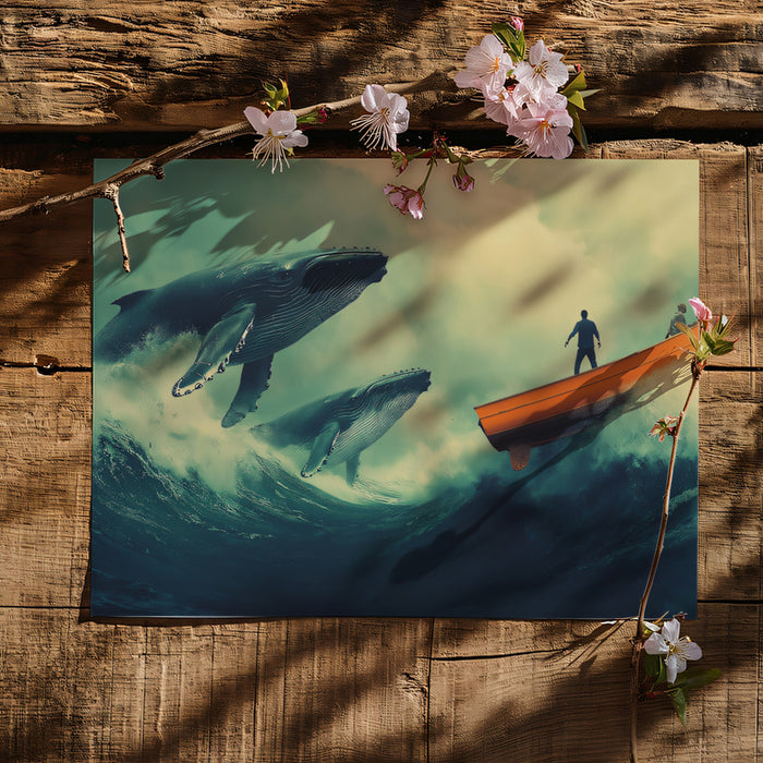 Giant Whales Stormy Sea Mural Wallpaper | Dark Tones, Epic Scale, High-Contrast Adventure