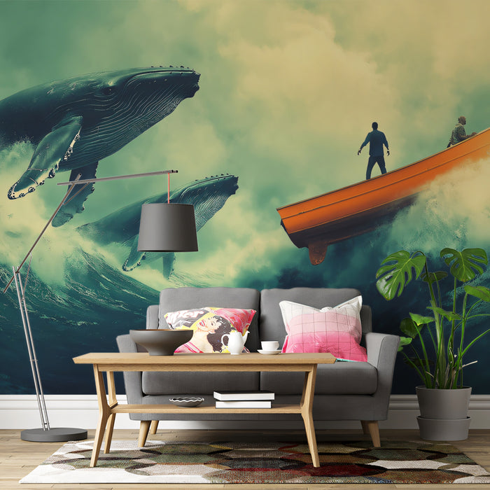 Giant Whales Stormy Sea Mural Wallpaper | Dark Tones, Epic Scale, High-Contrast Adventure
