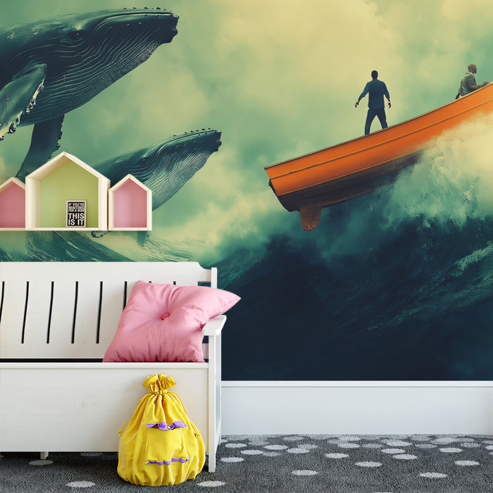 Giant Whales Stormy Sea Mural Wallpaper | Dark Tones, Epic Scale, High-Contrast Adventure