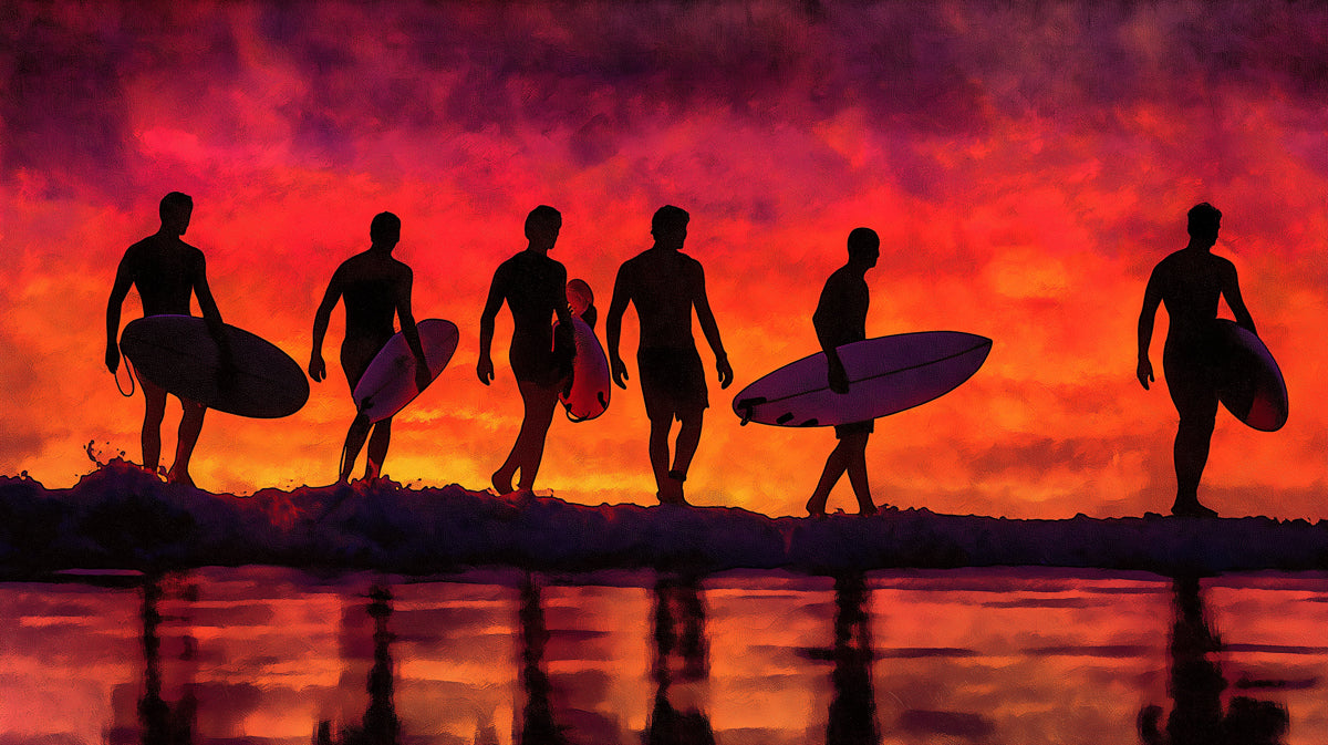 Surfer Silhouettes Sunset Mural Wallpaper | Fiery Red and Orange, Reflective Shoreline, Dramatic Oil Paint