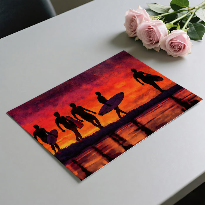 Surfer Silhouettes Sunset Mural Wallpaper | Fiery Red and Orange, Reflective Shoreline, Dramatic Oil Paint