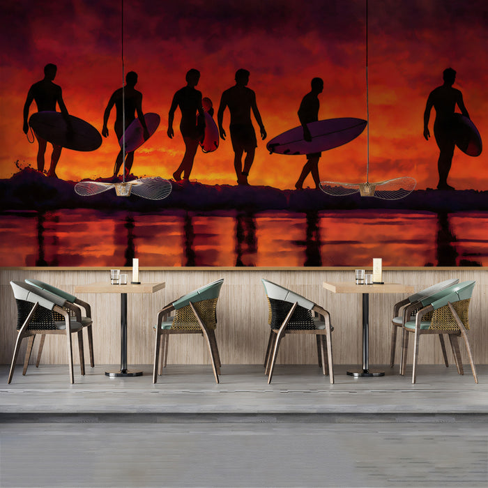 Surfer Silhouettes Sunset Mural Wallpaper | Fiery Red and Orange, Reflective Shoreline, Dramatic Oil Paint