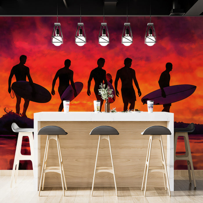 Surfer Silhouettes Sunset Mural Wallpaper | Fiery Red and Orange, Reflective Shoreline, Dramatic Oil Paint