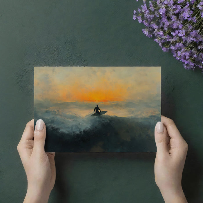 Lone Surfer Sunset Oil Painting Mural Wallpaper | Expressionist Waves, Warm Sky, Contemplative Seascape