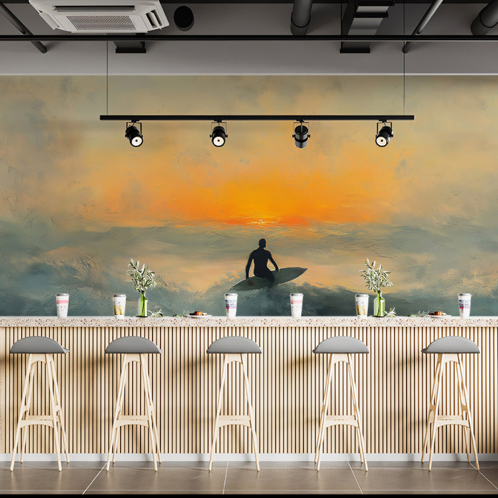 Lone Surfer Sunset Oil Painting Mural Wallpaper | Expressionist Waves, Warm Sky, Contemplative Seascape