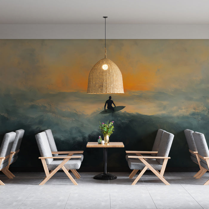 Lone Surfer Sunset Oil Painting Mural Wallpaper | Expressionist Waves, Warm Sky, Contemplative Seascape