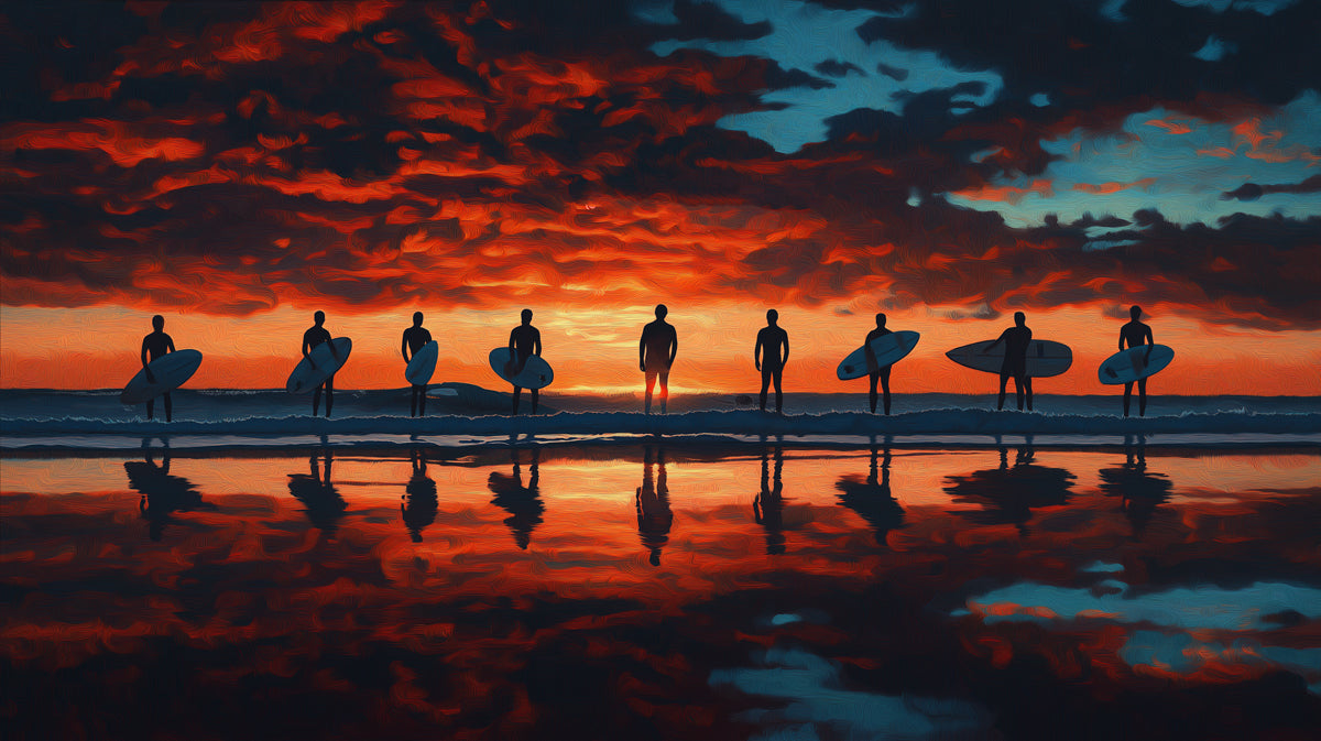 Surfer Lineup Sunset Mural Wallpaper | Reflective Water, Fiery Sky, Dramatic Oil Painting Silhouettes