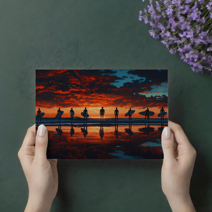 Surfer Lineup Sunset Mural Wallpaper | Reflective Water, Fiery Sky, Dramatic Oil Painting Silhouettes
