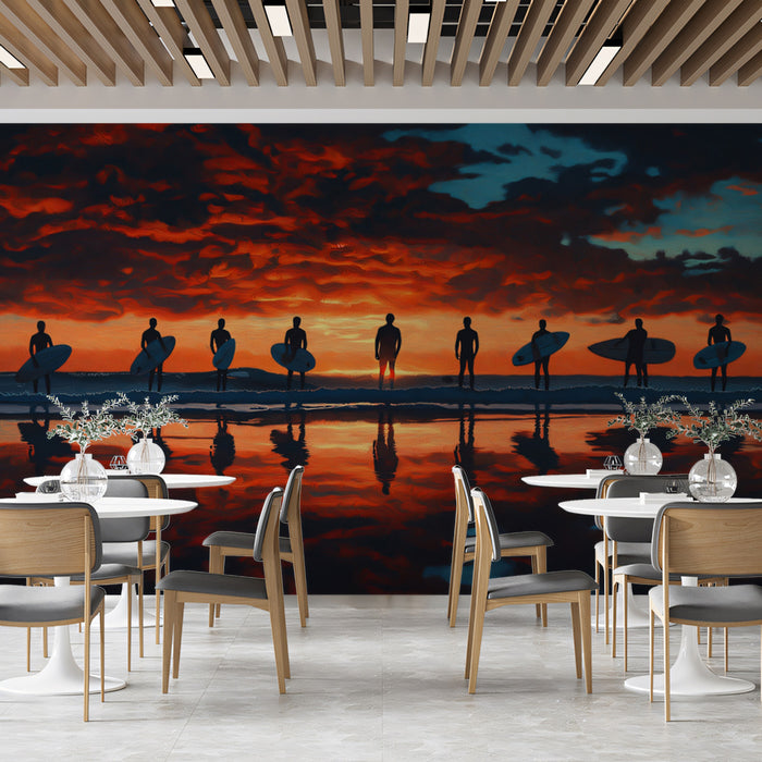 Surfer Lineup Sunset Mural Wallpaper | Reflective Water, Fiery Sky, Dramatic Oil Painting Silhouettes