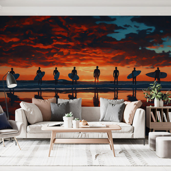 Surfer Lineup Sunset Mural Wallpaper | Reflective Water, Fiery Sky, Dramatic Oil Painting Silhouettes